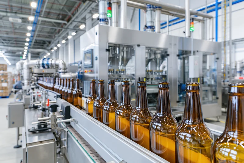 Amber glass beer bottles moving along conveyor in industrial bottling plant
