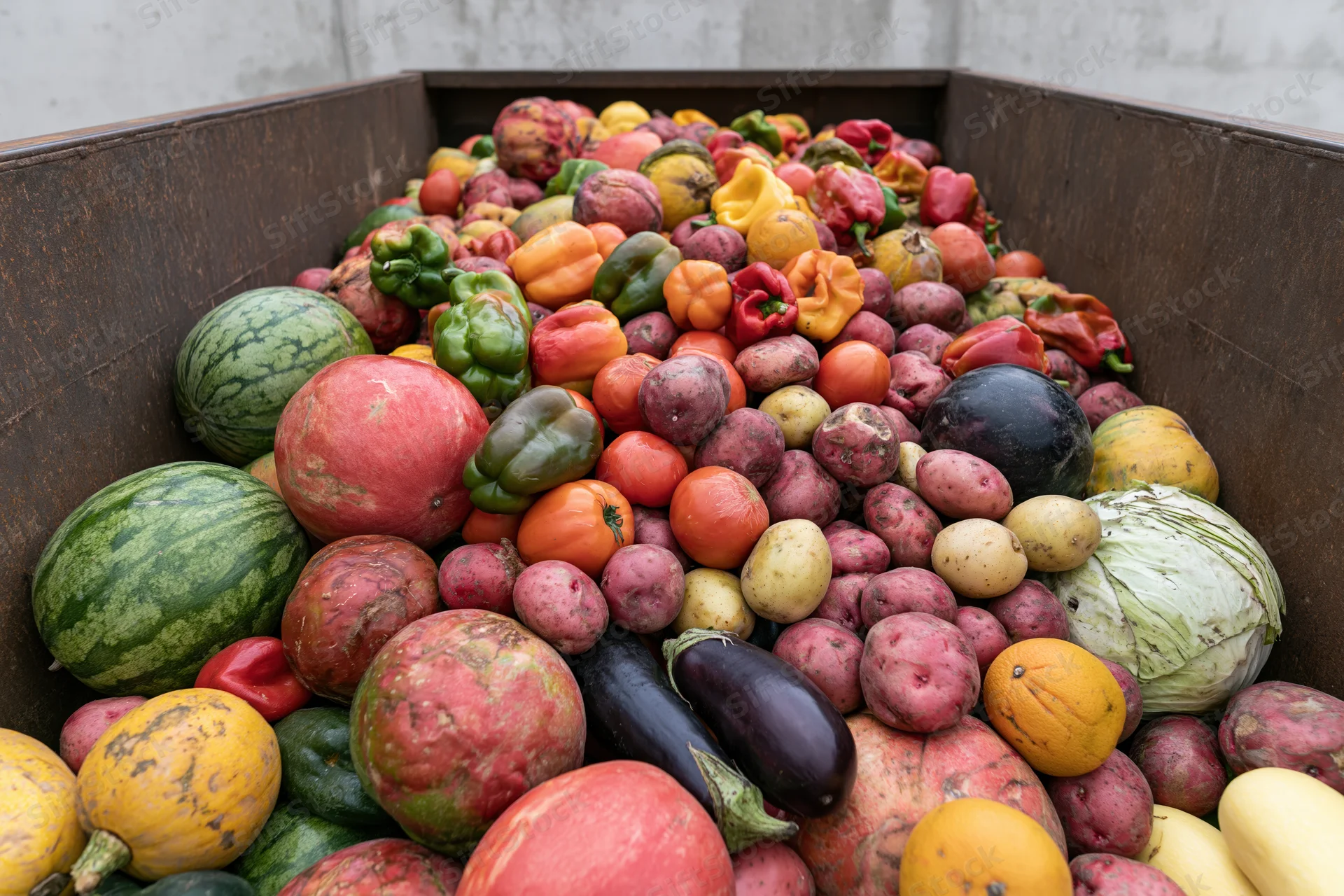 Overflowing dumpster filled with discarded mixed fruits and vegetables