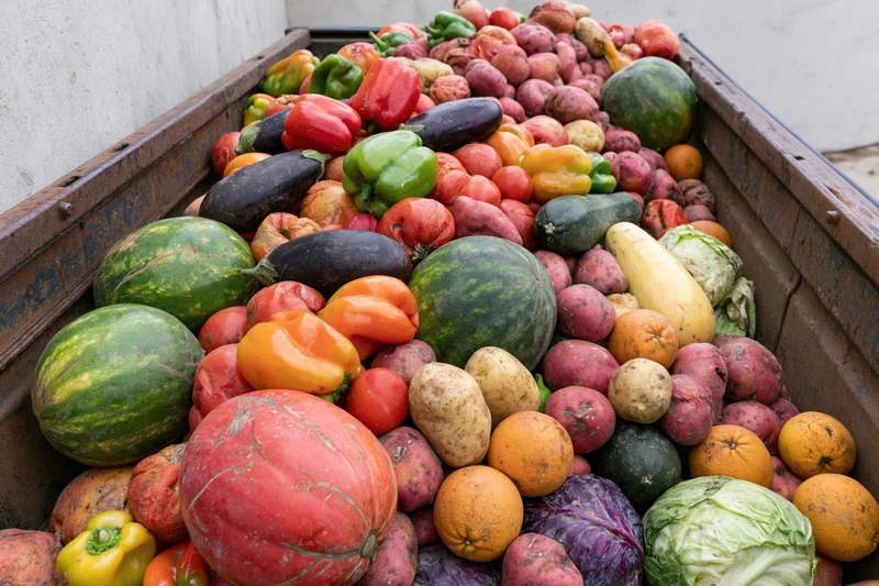 Overflowing dumpster filled with discarded mixed fruits and vegetables outdoors
