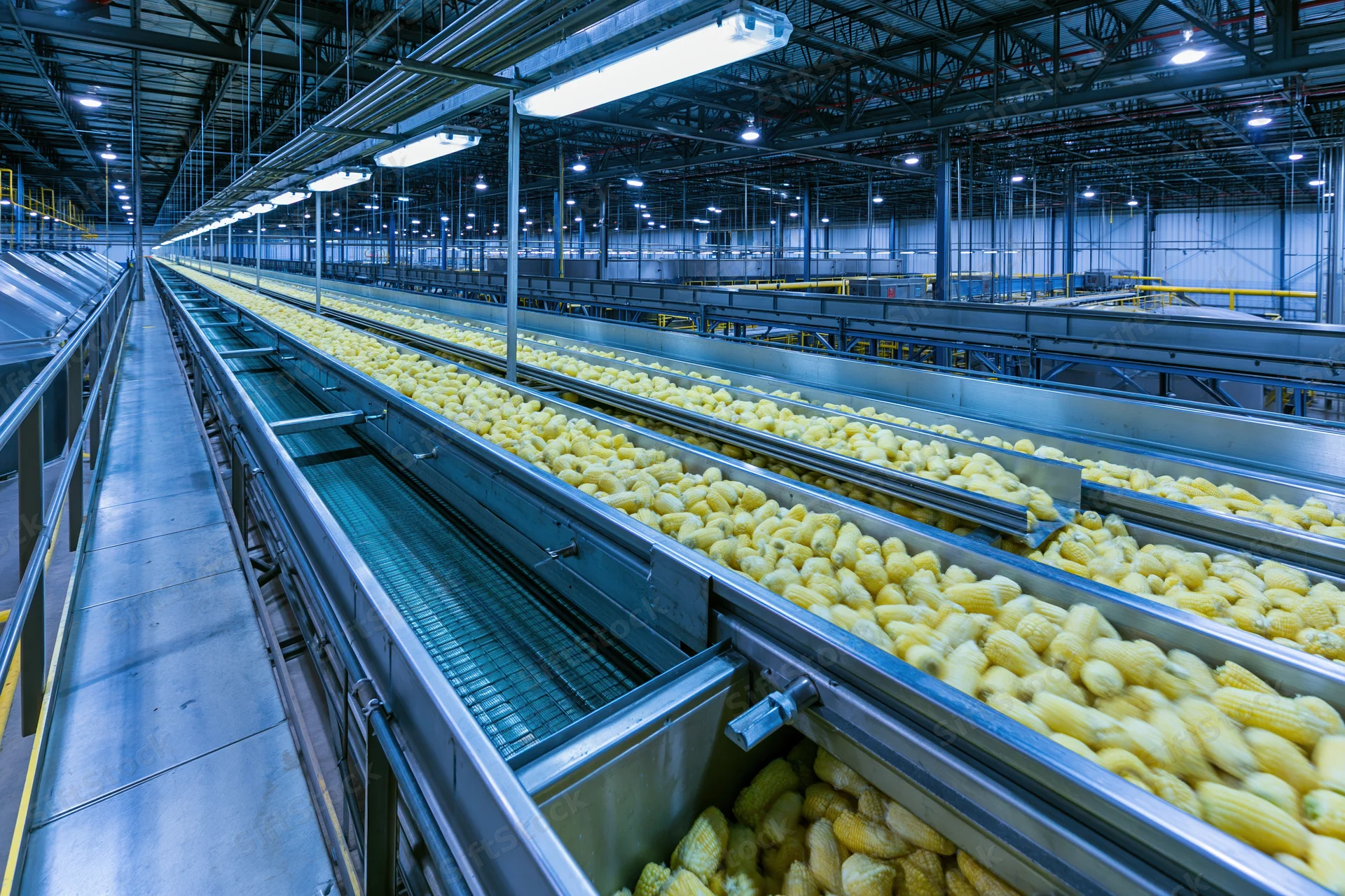 Corn moving on conveyor belts inside a large industrial food processing factory