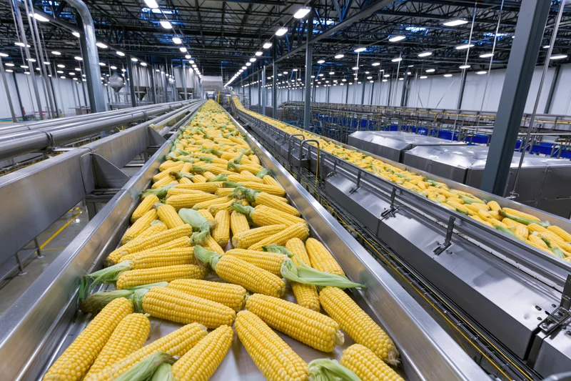 Corn moving along conveyor belts in a large industrial food processing plant