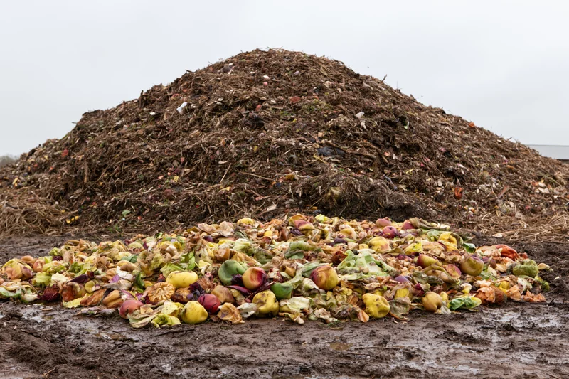 Large outdoor compost heap with decomposing fruit and vegetable waste on muddy ground