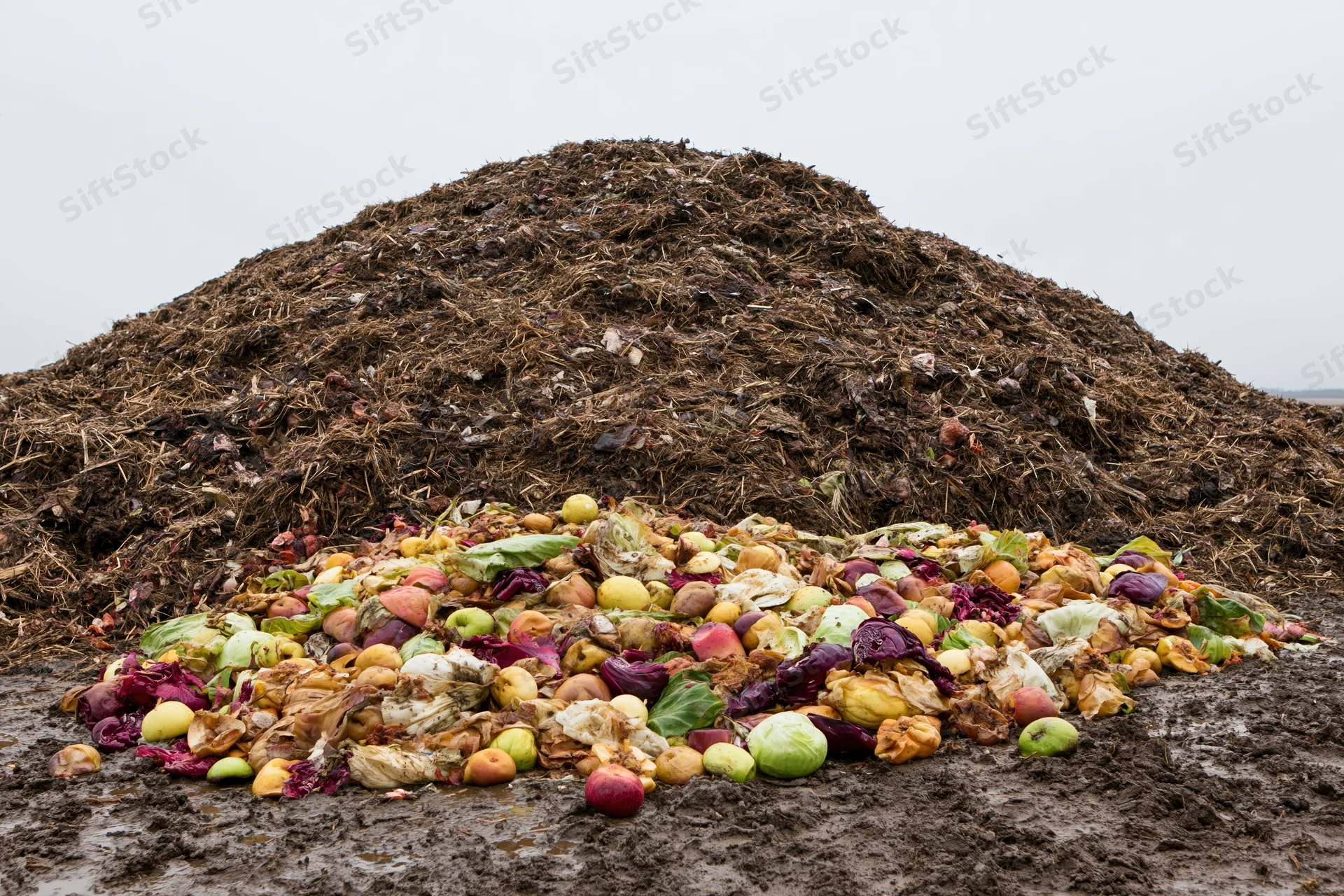 Large outdoor compost heap with decomposing food waste at base, surrounded by muddy ground under overcast sky