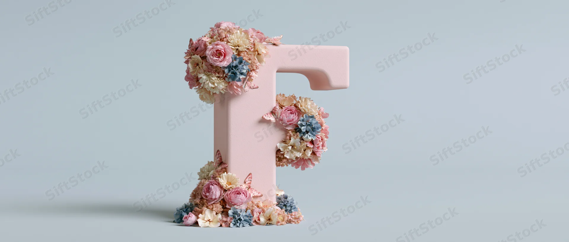 Pastel pink three-dimensional letter f decorated with floral arrangements standing upright on a light background