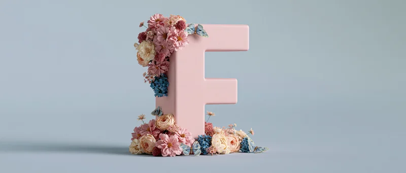 Pastel pink three-dimensional letter f decorated with flowers and butterflies on a light background