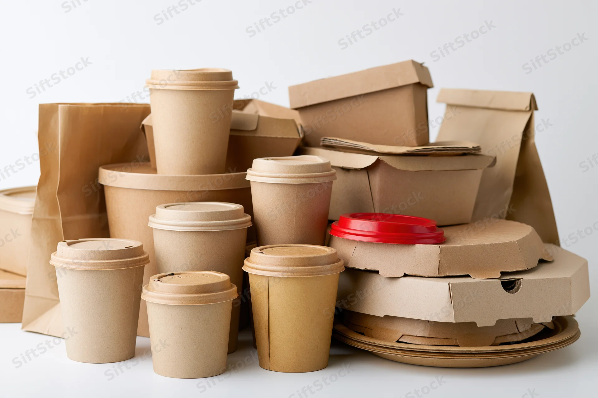 Pile of kraft paper takeaway coffee cups and food containers on white background