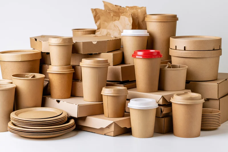 Assorted kraft paper takeaway packaging stacked in a pile on white background