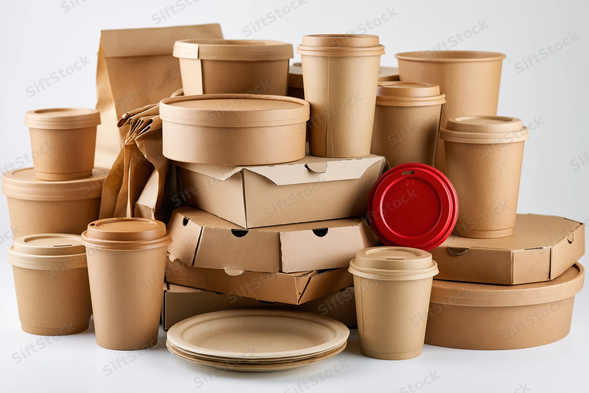 Assorted kraft paper takeaway packaging stacked in a pile on white background