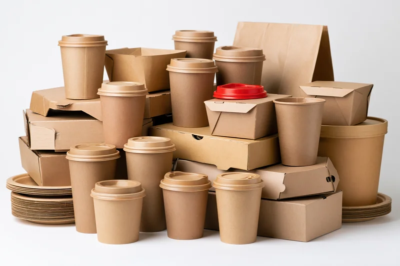 Pile of kraft paper takeaway coffee cups and food boxes stacked together on white background