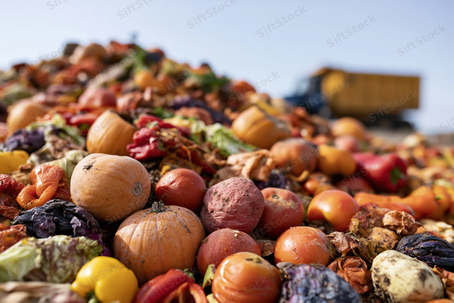 Rotting fruits and vegetables piled at a landfill site with a truck in the background