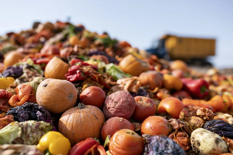 Rotting fruits and vegetables piled at a landfill site with a truck in the background