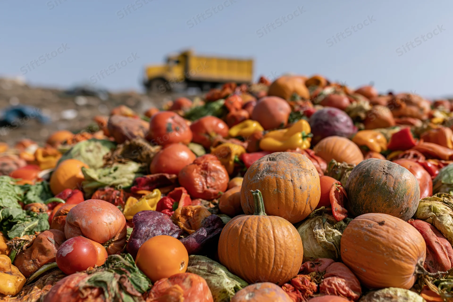 Rotting pile of discarded pumpkins, tomatoes, peppers and cabbage at a landfill with a yellow truck in the background