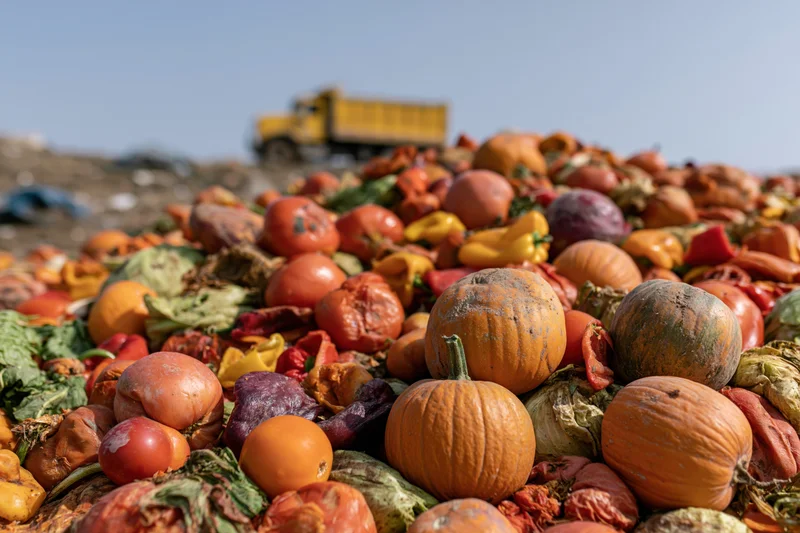 Rotting pile of discarded pumpkins, tomatoes, peppers and cabbage at a landfill with a yellow truck in the background