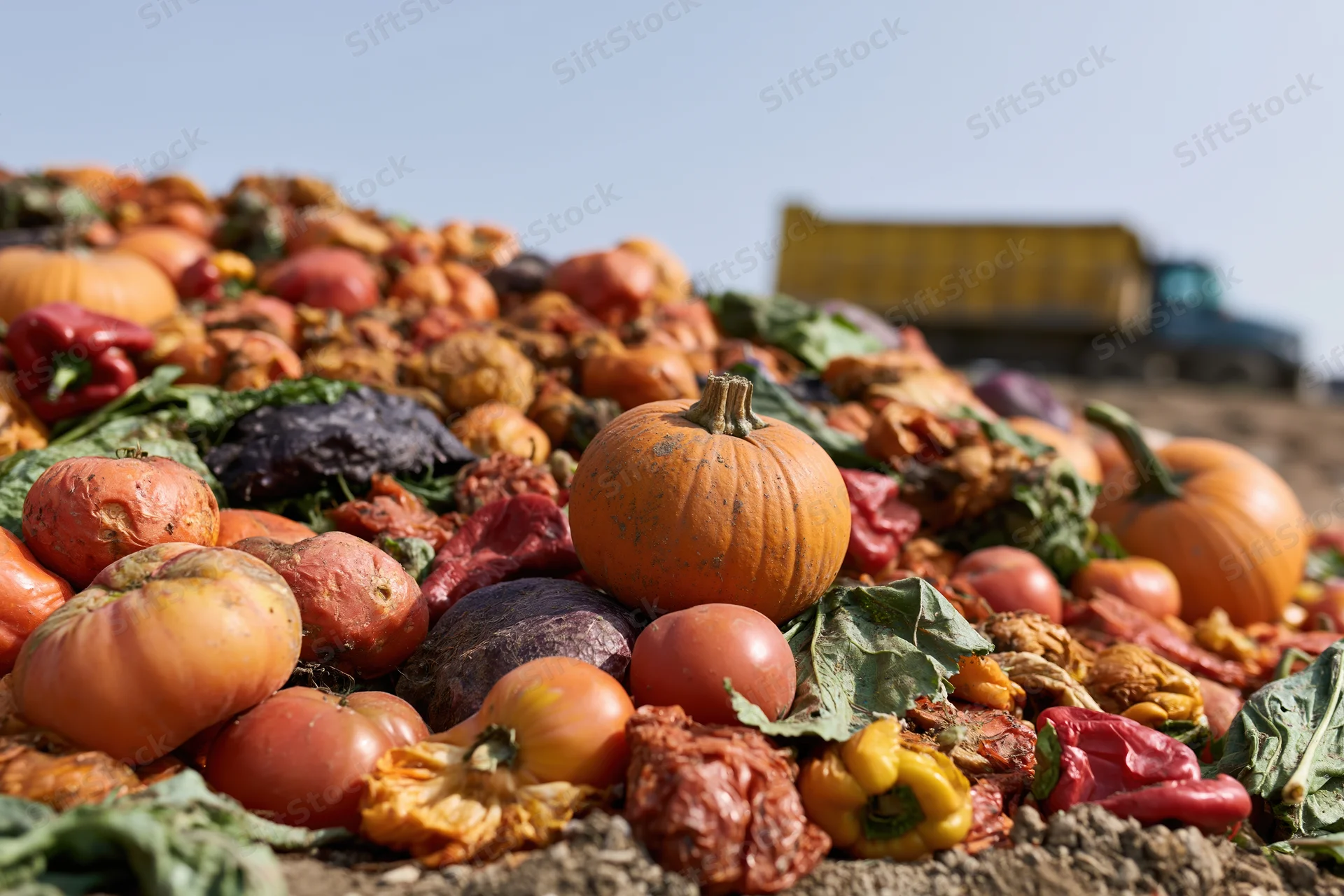 Pile of discarded pumpkins, tomatoes, and peppers at a farm dump site with a truck in the background