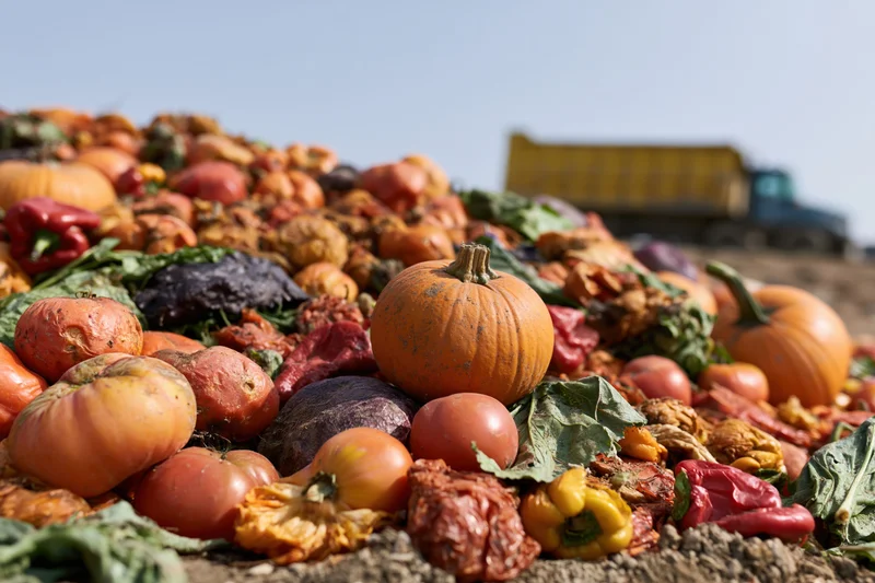 Pile of discarded pumpkins, tomatoes, and peppers at a farm dump site with a truck in the background