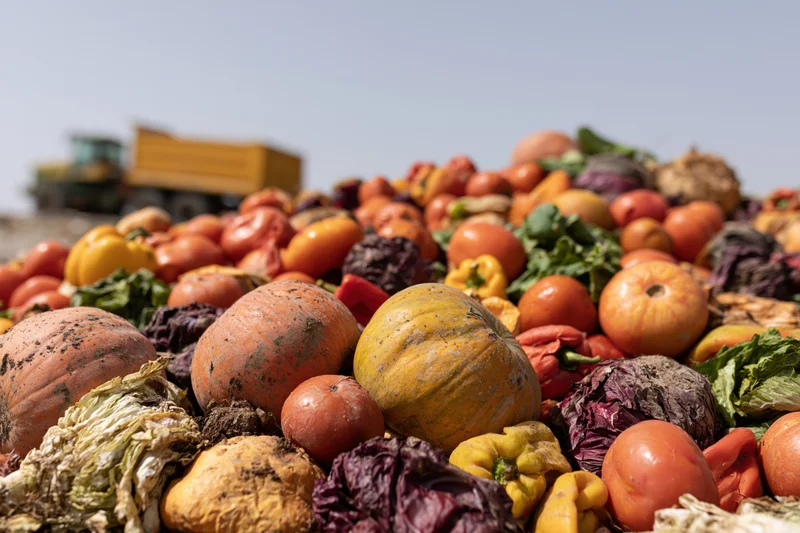 Rotting fruits and vegetables piled at a landfill with a truck in the background