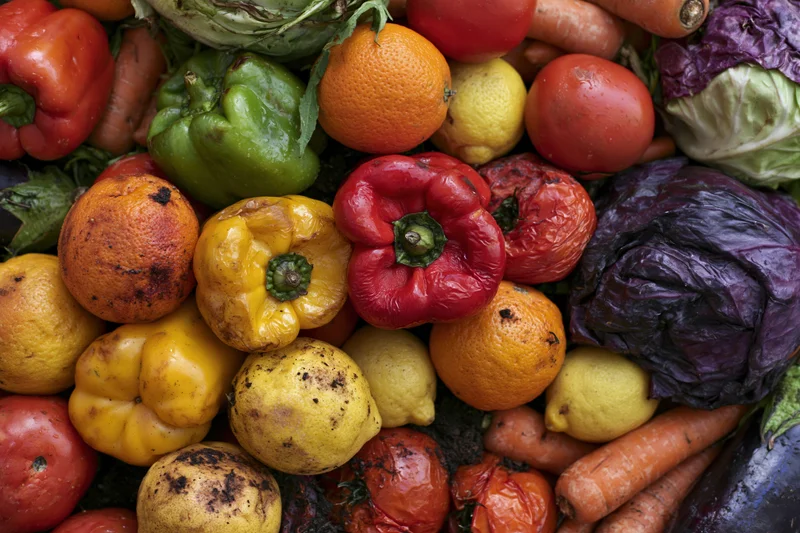 Pile of overripe and spoiled fruits and vegetables heaped together