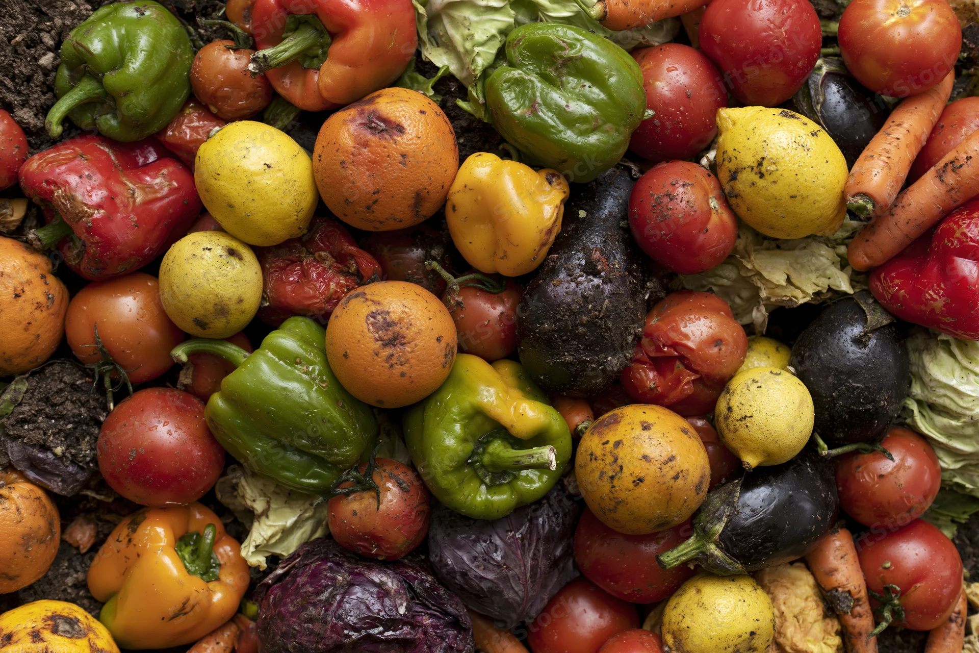 Pile of discarded mixed fruits and vegetables heaped together on soil