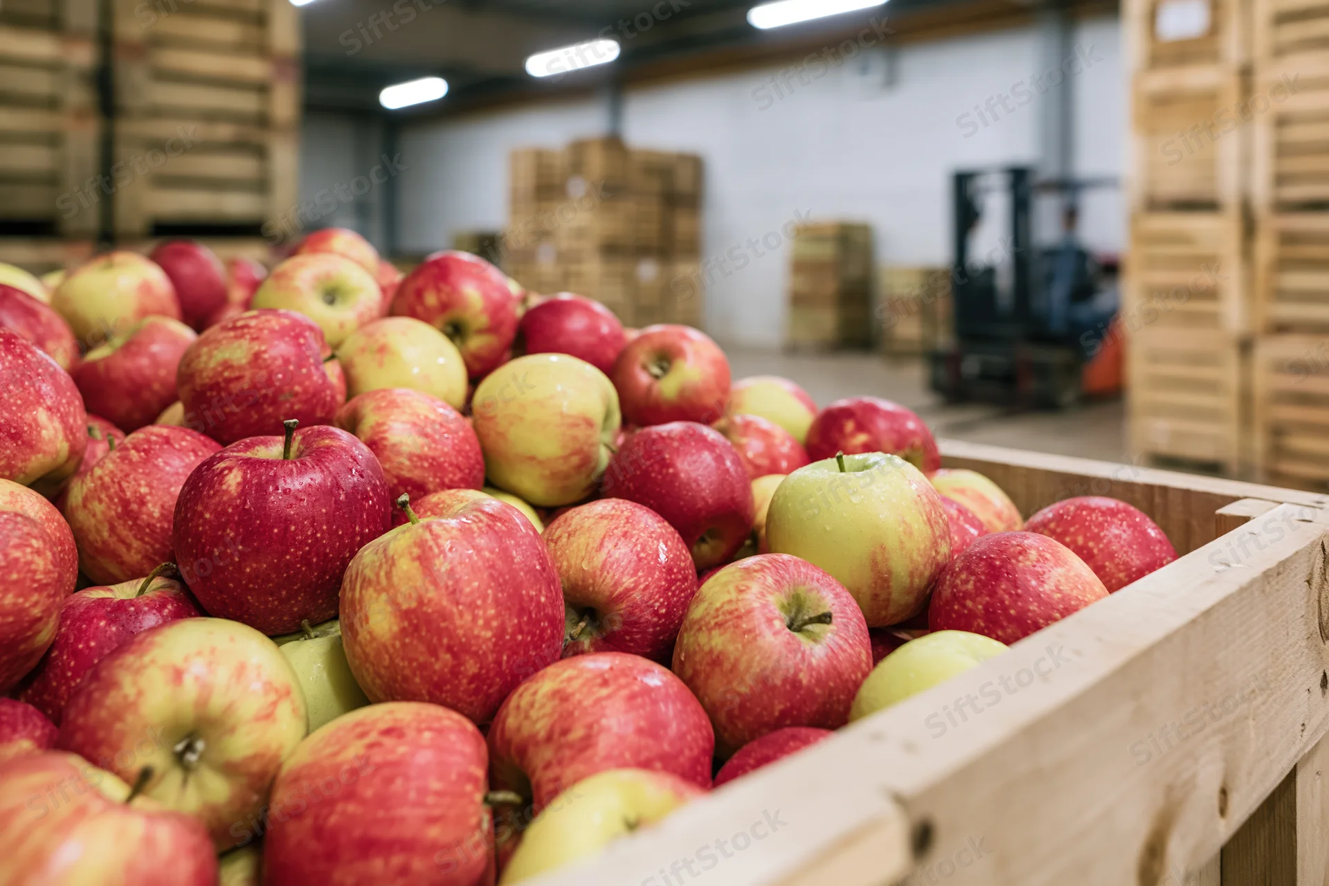 Red and yellow apples overflowing in a wooden crate inside a warehouse with stacked crates and a forklift in the background