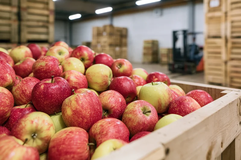 Red and yellow apples overflowing in a wooden crate inside a warehouse with stacked crates and a forklift in the background