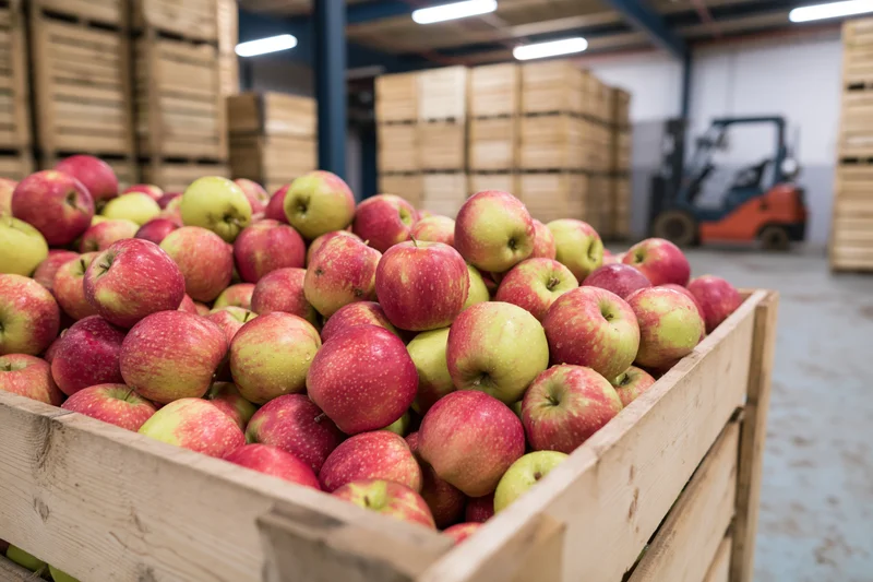 Fresh red and yellow apples overflowing in a wooden crate inside a warehouse with stacked crates and a forklift in the background