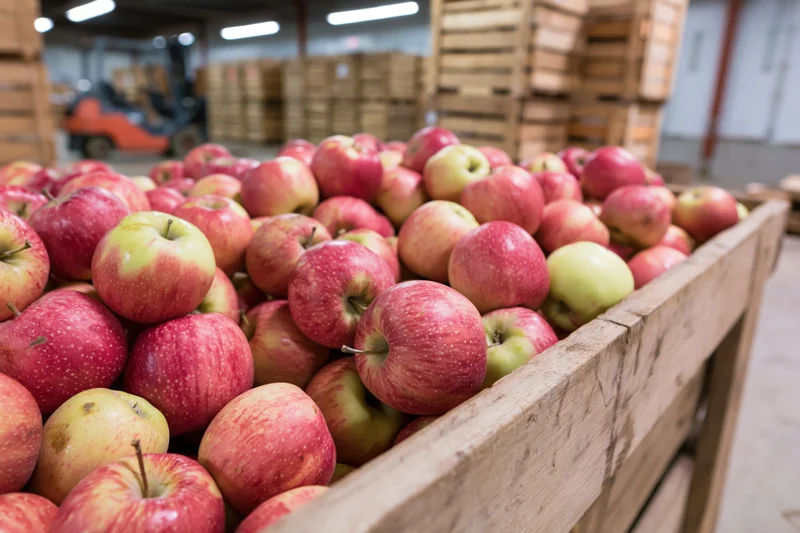 Red and yellow apples overflowing in a wooden harvest bin inside a warehouse