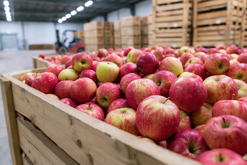 Red and yellow apples overflowing in a wooden bin inside a warehouse storage facility