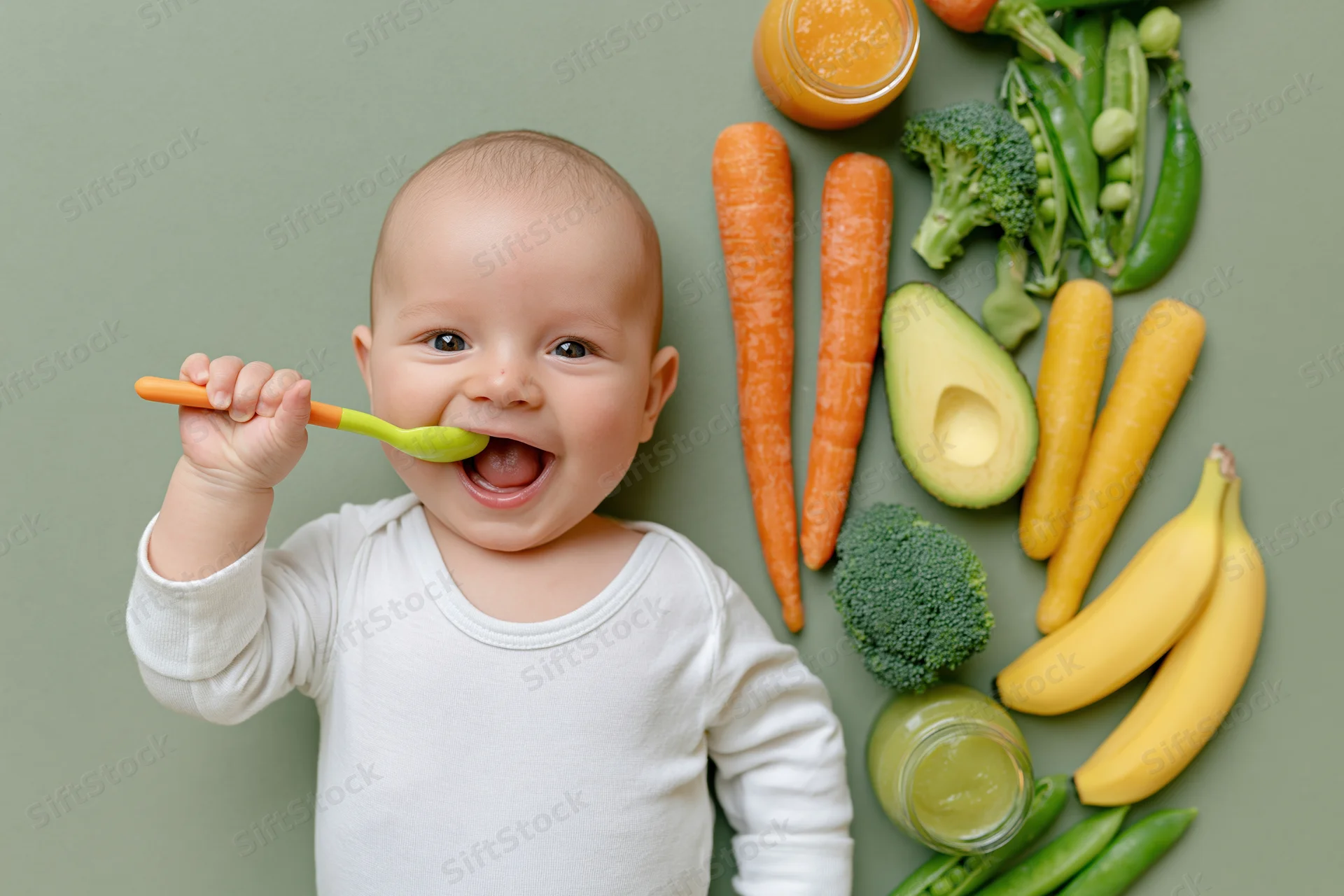 Baby lying on back holding spoon to mouth surrounded by vegetables and jars of puree