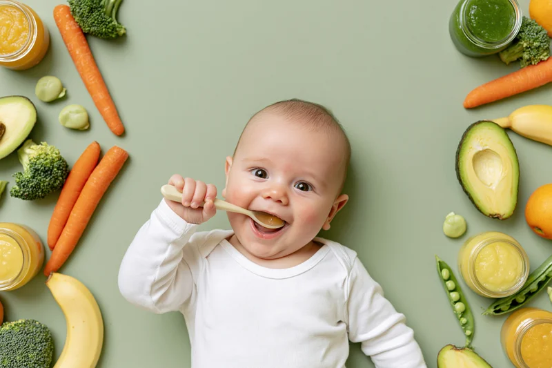 Baby lying on back smiling while holding spoon to mouth surrounded by vegetables and jars of puree