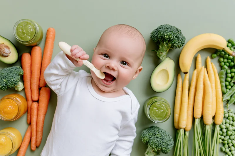 Baby lying on back holding spoon to mouth surrounded by vegetables and jars of puree
