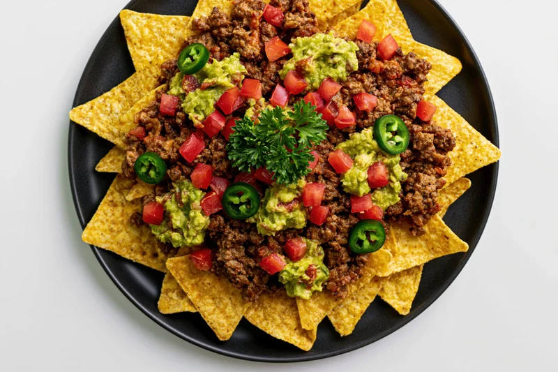 Loaded nachos with beef, guacamole, tomatoes, jalapenos and parsley on a black round plate viewed from above