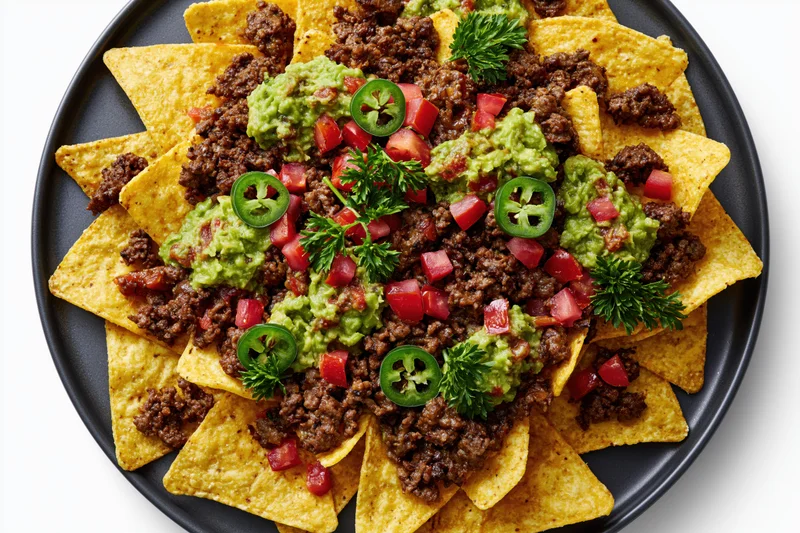 Loaded nachos with beef, guacamole, tomatoes, jalapenos and parsley on a dark round plate viewed from directly overhead