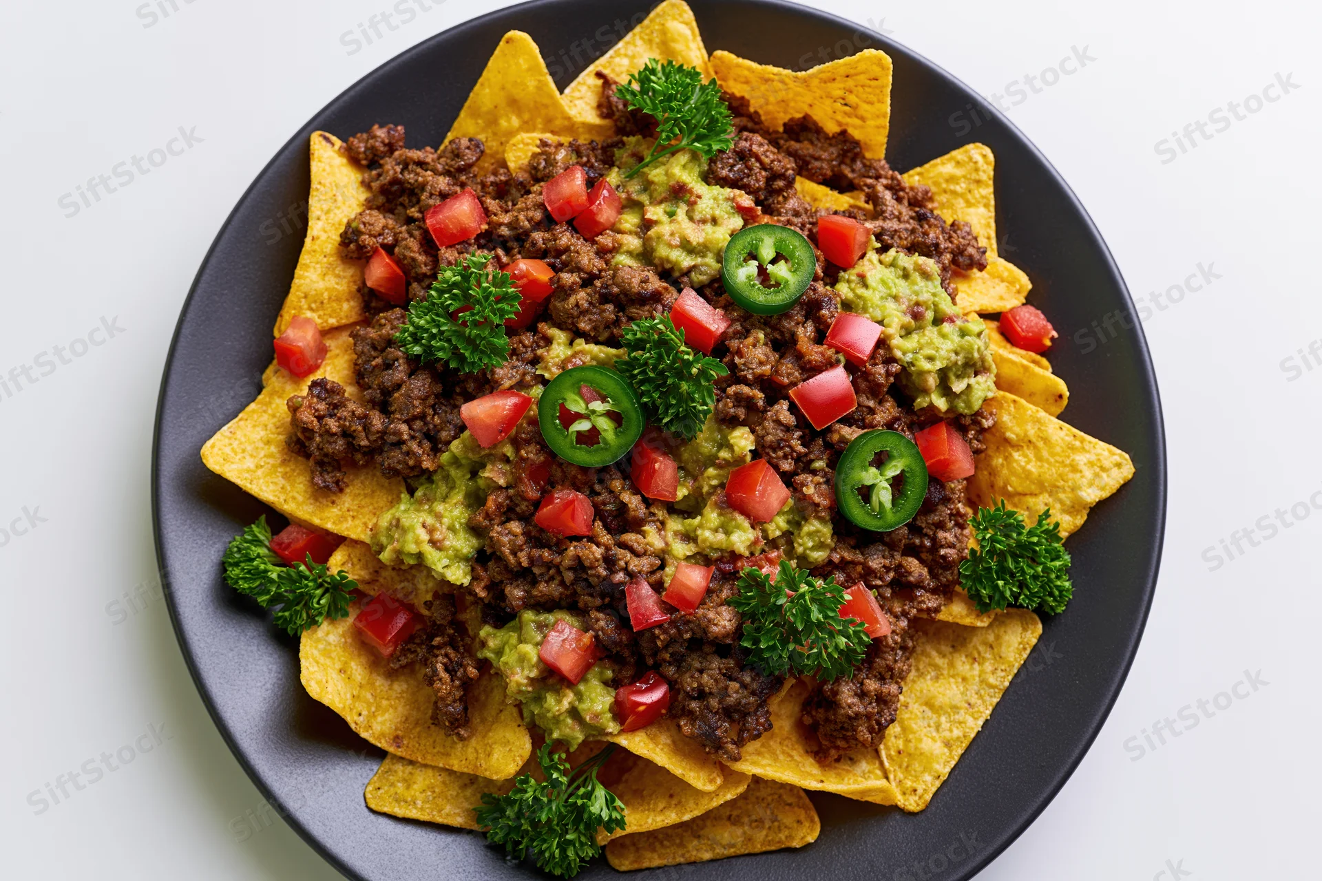 Loaded nachos with beef, guacamole, tomatoes, jalapenos and parsley on a dark round plate viewed from above
