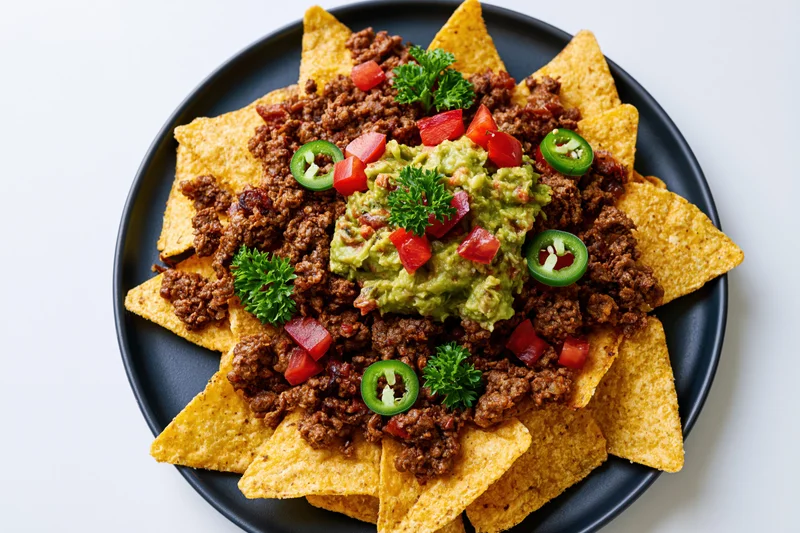 Loaded nachos with beef, guacamole, tomatoes, jalapenos and parsley on a dark round plate viewed from above
