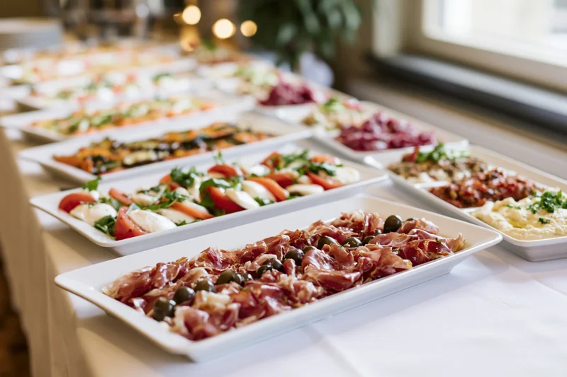 Long banquet table with white linen holding multiple platters of appetizers and salads arranged in rows near a window