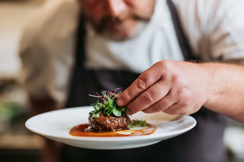 Chef placing microgreens garnish on plated dish in restaurant kitchen