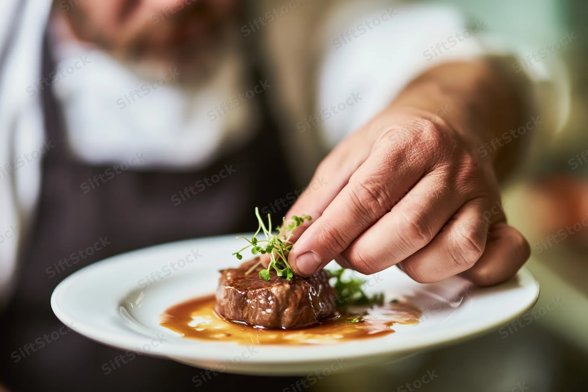Chef placing microgreen garnish on plated steak in restaurant kitchen