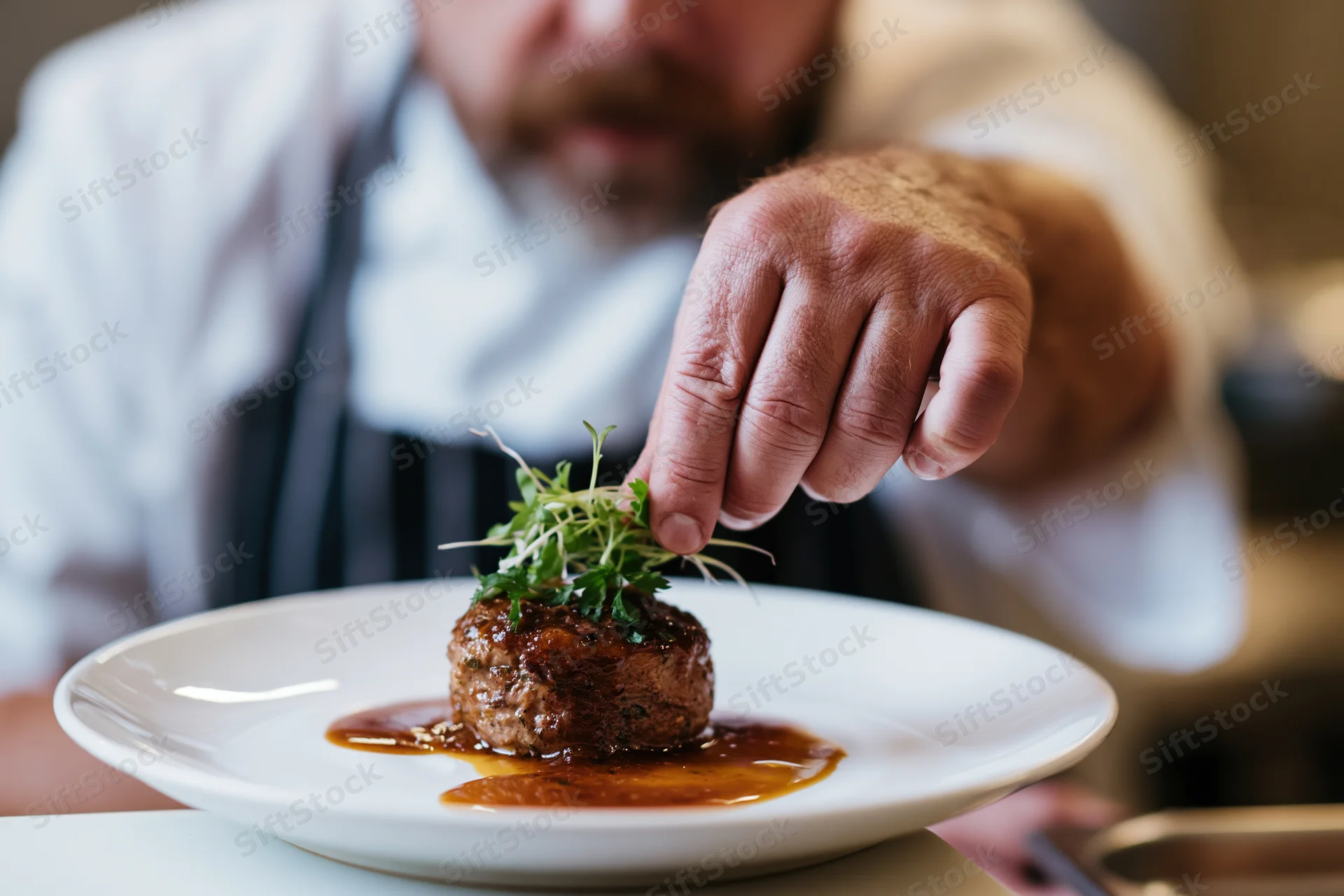 Chef placing microgreen garnish on a plated meatball with sauce