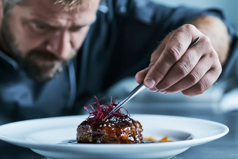 Male chef using tweezers to garnish a plated meat dish with red onion and sesame seeds