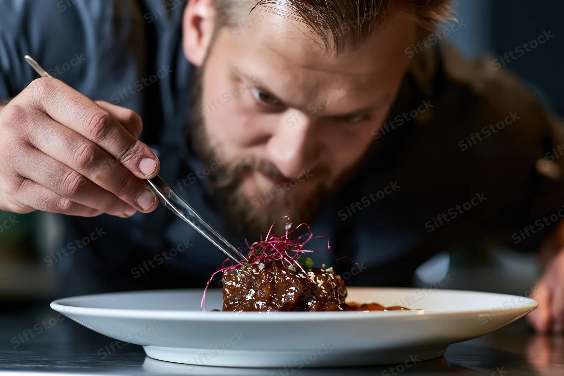 Male chef leaning in to plate a gourmet dish with tweezers in a restaurant kitchen