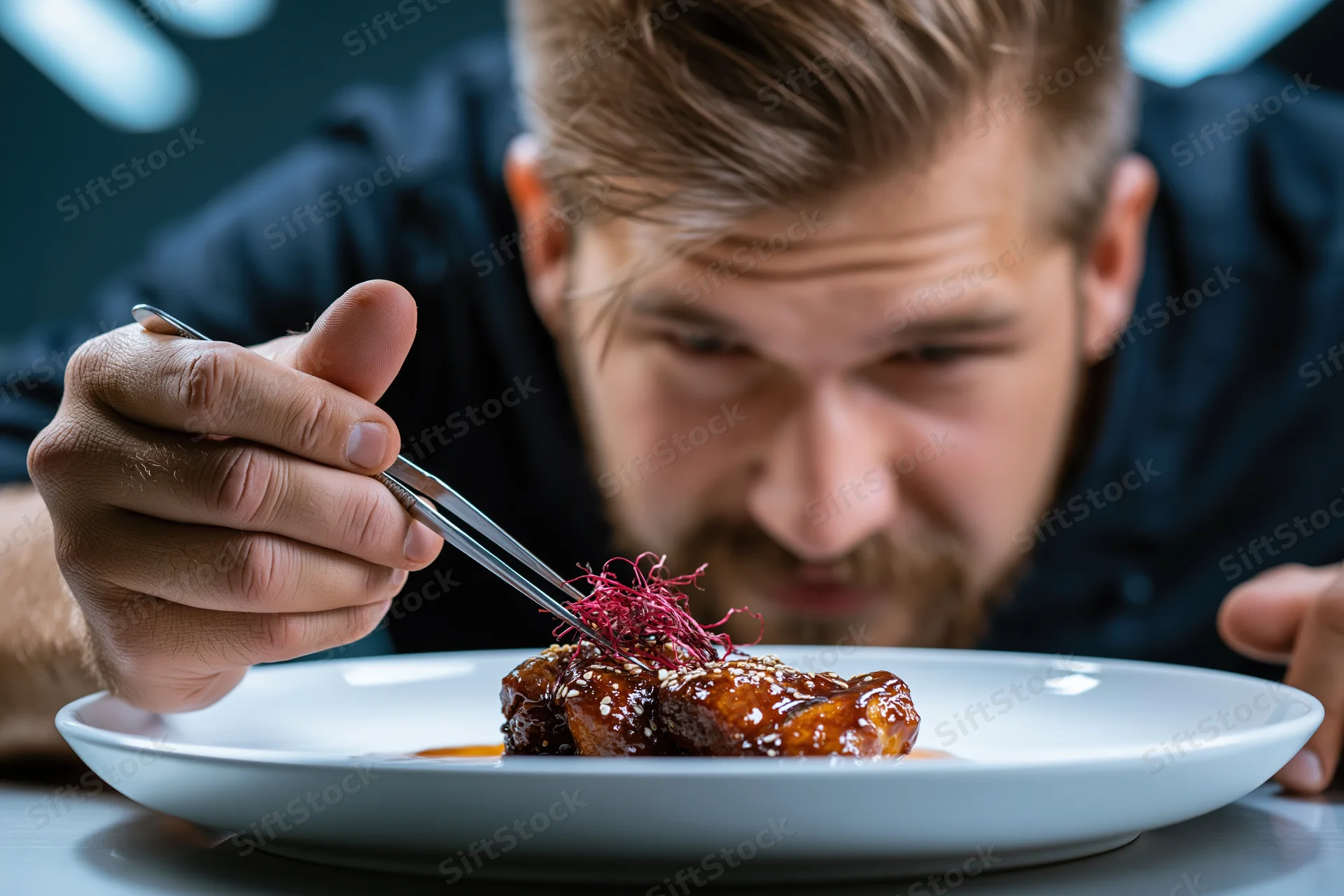 Male chef leaning in close to plate with tweezers adjusting garnish on dish