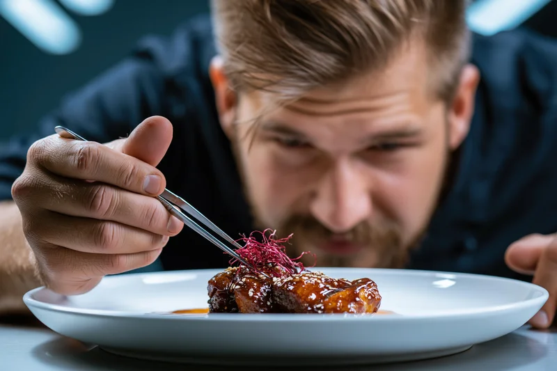Male chef leaning in close to plate with tweezers adjusting garnish on dish