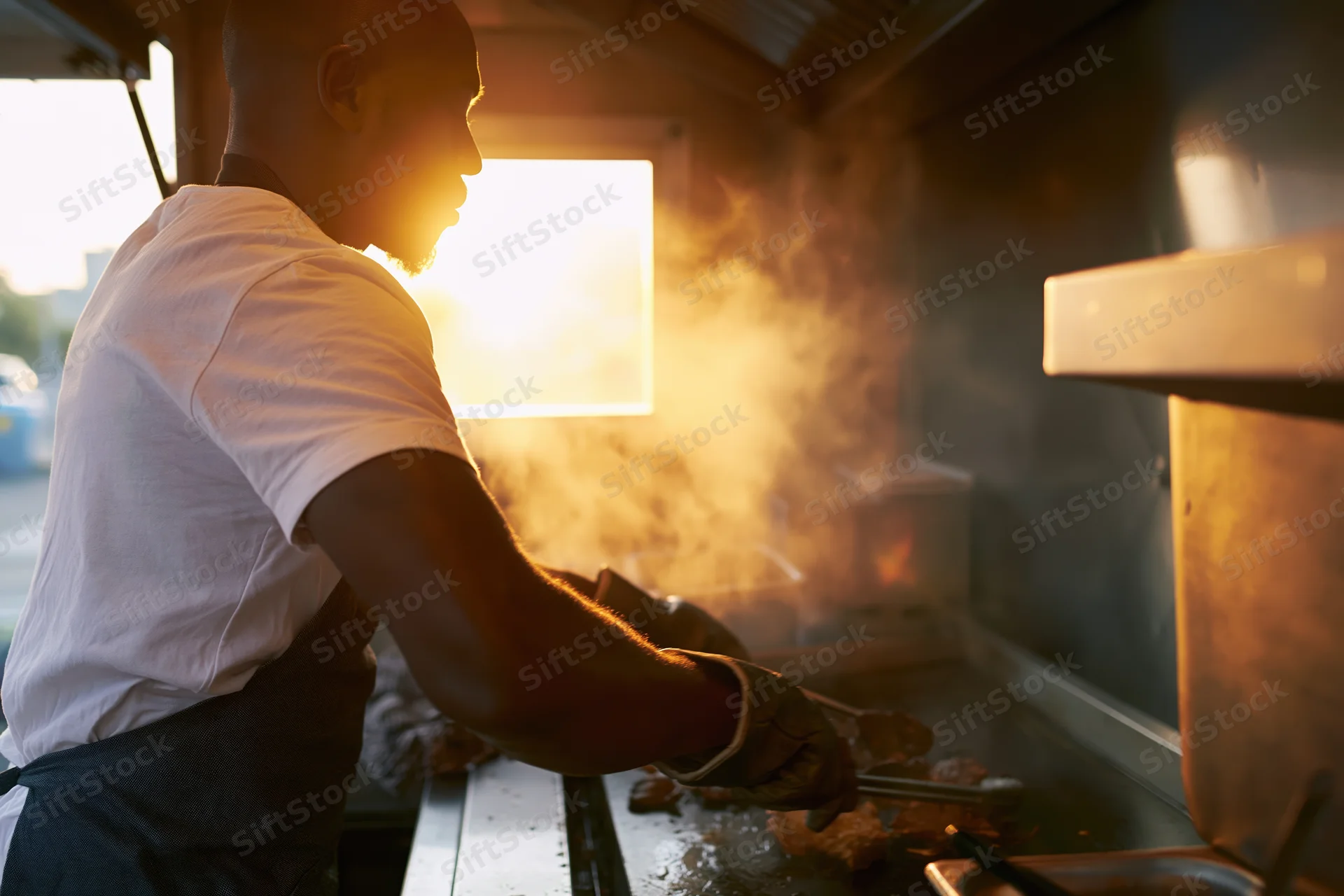 Man cooking meat on a flat-top griddle inside a food truck at golden hour