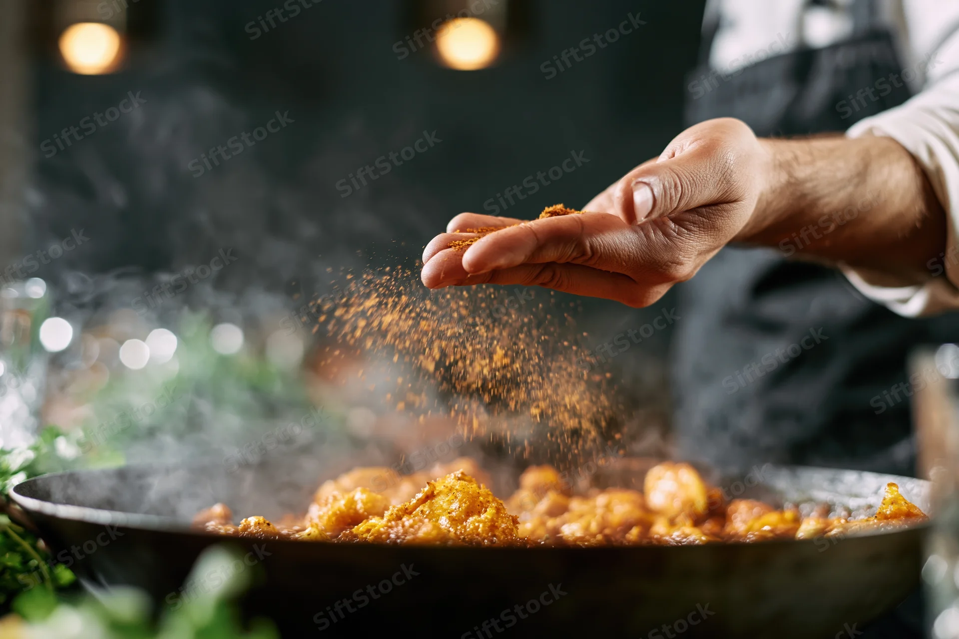 Chef sprinkling ground spice into steaming pan in kitchen