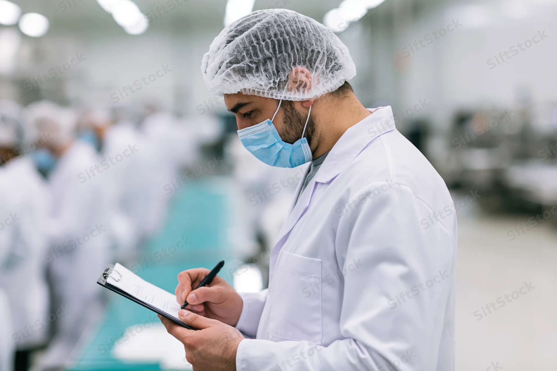 Male quality inspector writing on clipboard in factory cleanroom