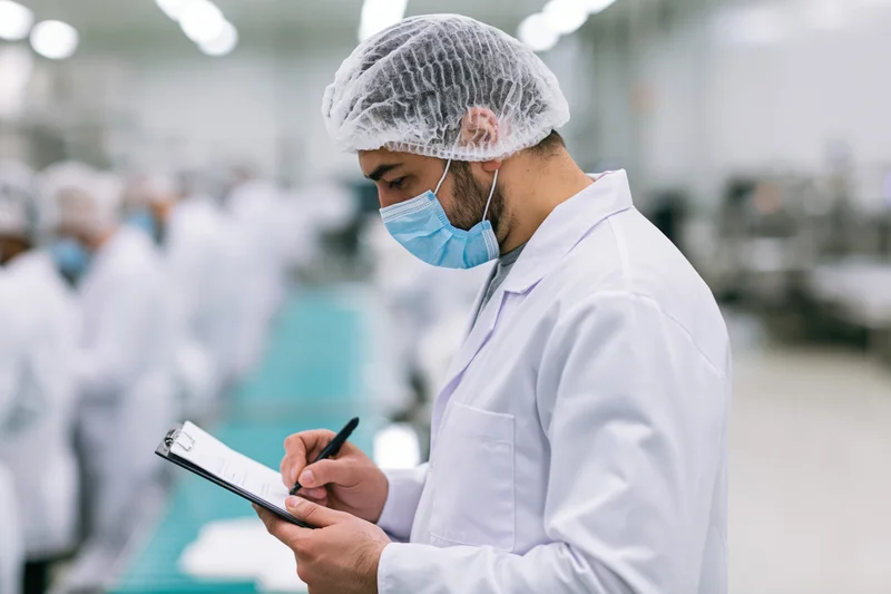 Male quality inspector writing on clipboard in factory cleanroom