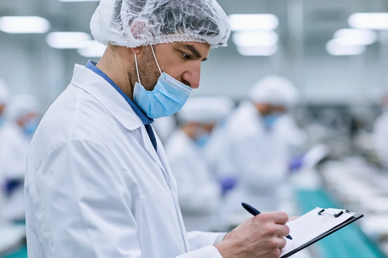 Male quality inspector writing on clipboard in factory cleanroom
