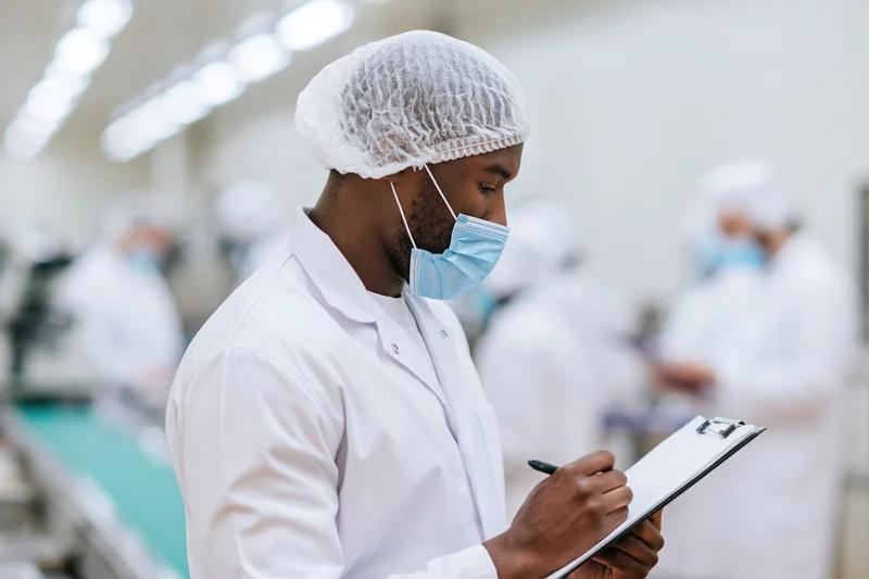 Male quality inspector writing on clipboard in factory cleanroom