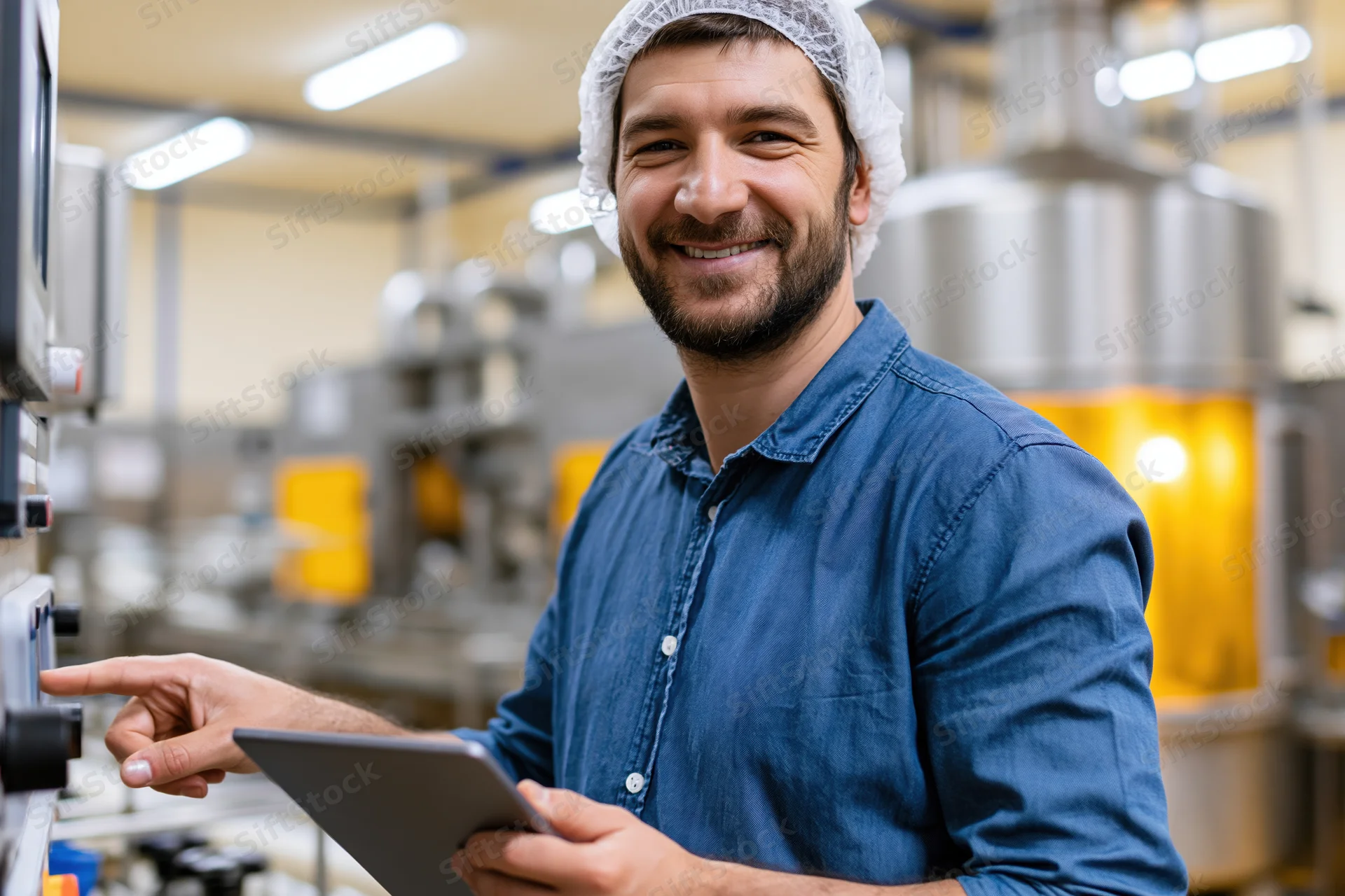 Man in blue shirt and hairnet smiling while operating control panel with tablet in factory