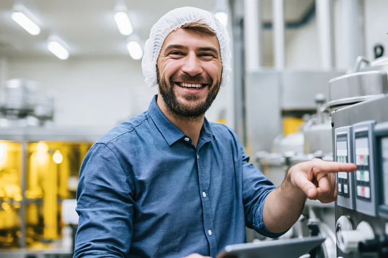 Smiling male worker in blue shirt and white hairnet pointing at control panel in factory interior